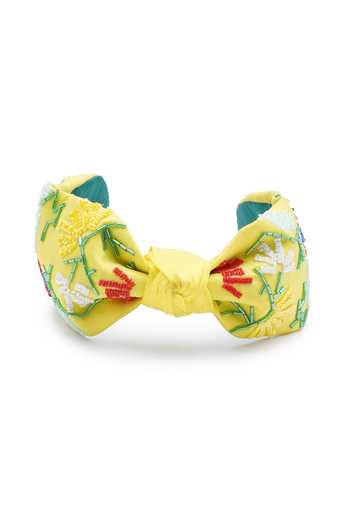 Shop_APT FOREVER_Yellow Embroidery, Beads, Rhinestones Whimsy Bloom Top Knot Headband _at_Aza_Fashions