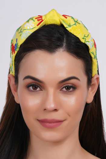 Buy_APT FOREVER_Yellow Embroidery, Beads, Rhinestones Whimsy Bloom Top Knot Headband _at_Aza_Fashions