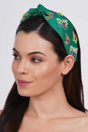 APT FOREVER_Green Embroidery, Beads, Rhinestones Flutterby Handmade Headband _at_Aza_Fashions