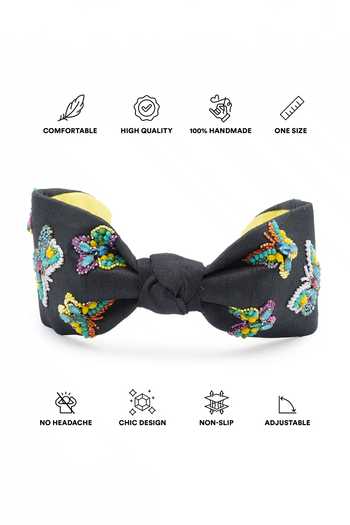 APT FOREVER_Black Embroidery, Beads, Rhinestones Flutterby Headband _at_Aza_Fashions