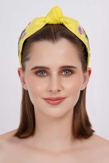 Buy_APT FOREVER_Yellow Embroidery, Sequins, Beads, Whimsical Posy Handmade Cotton Headband _at_Aza_Fashions