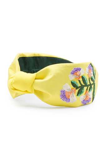 APT FOREVER_Yellow Embroidery, Sequins, Beads, Whimsical Posy Handmade Cotton Headband _at_Aza_Fashions