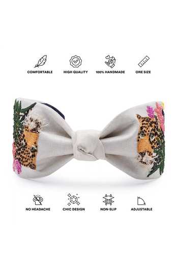 APT FOREVER_White Embroidery, Beads, Rhinestones Roaring Glam Feline Handmade Headband _at_Aza_Fashions