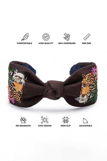 Shop_APT FOREVER_Brown Embroidery, Beads, Rhinestones Roaring Glam Feline Beaded Headband _Online_at_Aza_Fashions