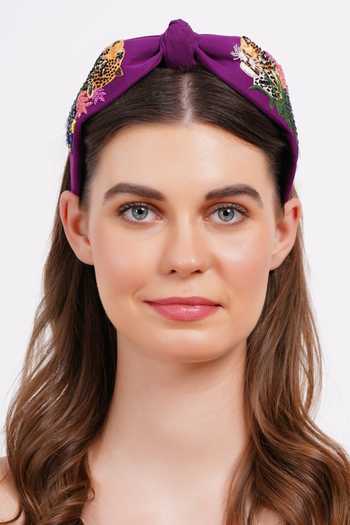 Buy_APT FOREVER_Purple Embroidery, Beads, Rhinestones Roaring Glam Feline Headband _at_Aza_Fashions