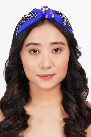 APT FOREVER_Navy Embroidery, Sequins, Beads, Rhinestones, Fabric Enchanted Flutter Headband _at_Aza_Fashions