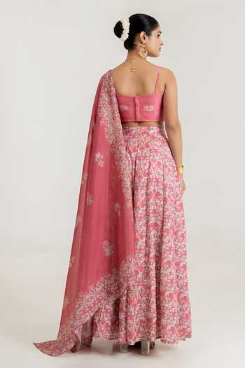 Shop_Pasha India_Pink Satin Square Neck Floral Print Lehenga Set _at_Aza_Fashions
