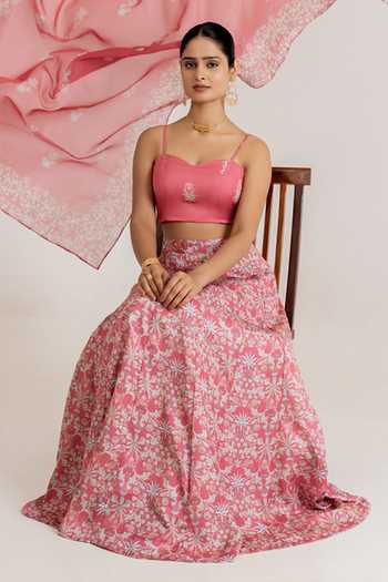 Shop_Pasha India_Pink Satin Square Neck Floral Print Lehenga Set _Online_at_Aza_Fashions