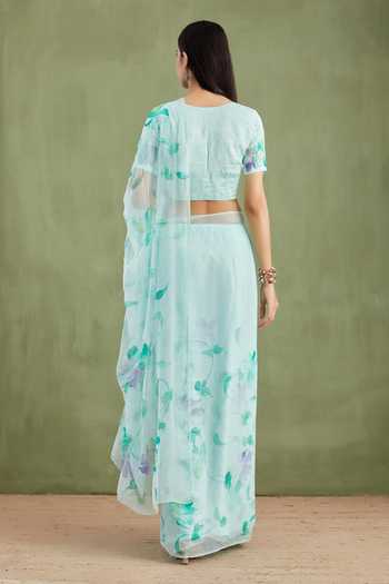 Shop_Geroo Jaipur_Blue Chiffon V-neck Handpainted Pre-draped Saree With Blouse _at_Aza_Fashions
