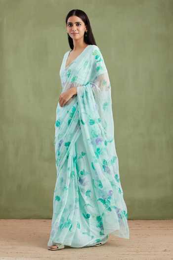 Shop_Geroo Jaipur_Blue Chiffon V-neck Handpainted Pre-draped Saree With Blouse _Online_at_Aza_Fashions