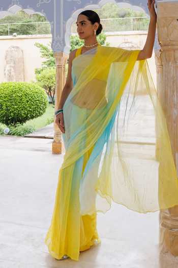 Buy_Geroo Jaipur_Blue Chiffon Halter Neck Pre-draped Saree With Blouse _at_Aza_Fashions