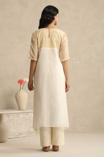 Shop_Weaver Story_White Chanderi Round Neck Handloom Mul Kurta And Pant Set _at_Aza_Fashions