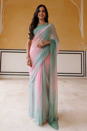 Buy_Geroo Jaipur_Pink Chiffon, Crepe Halter Neck Pre-draped Saree And Blouse Set _at_Aza_Fashions