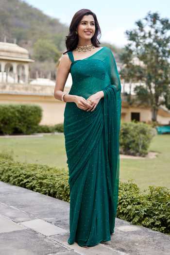 Buy_Geroo Jaipur_Emerald Green Chiffon Square Mukaish Embroidered Pre-draped Saree With Blouse _at_Aza_Fashions