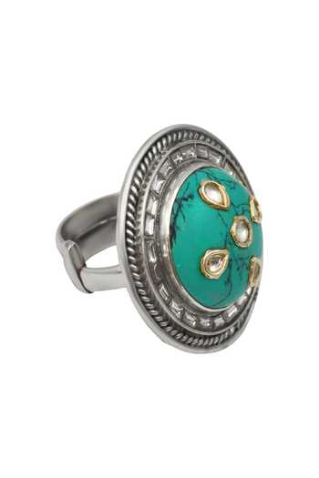 Shop_Sangeeta Boochra_Blue Stones, Crystals Turquoise Statement Silver Ring _at_Aza_Fashions