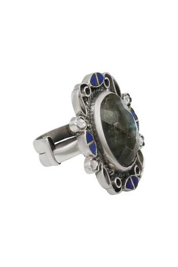 Shop_Sangeeta Boochra_Silver Plated Oval Labradorite Stone Embellished Ring _at_Aza_Fashions