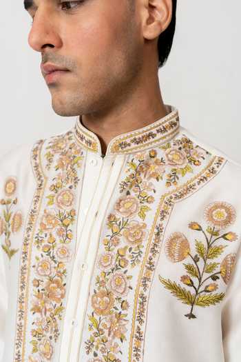 Shop_Wabi Sabi By Anshum-Ritesh_Ivory Cotton, Chanderi Genda Gulab Embroidered Kurta With Pant 
