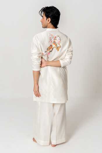 Shop_Wabi Sabi By Anshum-Ritesh_Ivory Chanderi The Blossom Birds Hand Paint Kurta With Pant _at_Aza_Fashions