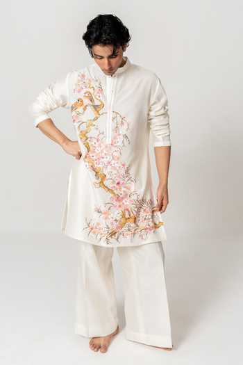 Buy_Wabi Sabi By Anshum-Ritesh_Ivory Chanderi The Blossom Birds Hand Paint Kurta With Pant _at_Aza_Fashions