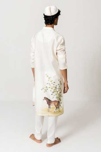 Shop_Wabi Sabi By Anshum-Ritesh_Ivory Cotton, Chanderi The Bamboo Steeds Hand Paint Kurta Set _at_Aza_Fashions