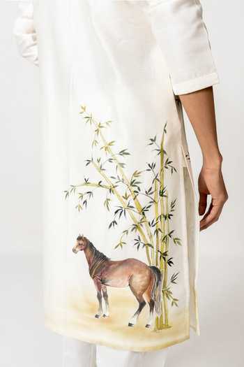 Buy_Wabi Sabi By Anshum-Ritesh_Ivory Cotton, Chanderi The Bamboo Steeds Hand Paint Kurta Set _Online_at_Aza_Fashions