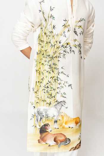 Shop_Wabi Sabi By Anshum-Ritesh_Ivory Cotton, Chanderi The Bamboo Steeds Hand Paint Kurta Set _Online_at_Aza_Fashions