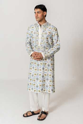 Buy_Wabi Sabi By Anshum-Ritesh_Ivory Cotton, Chanderi Willow Bloom Embroidered Kurta With Pant _at_Aza_Fashions