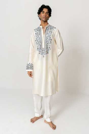 Buy_Wabi Sabi By Anshum-Ritesh_Ivory Cotton, Chanderi Pushp Bel Resham Embroidered Kurta Set _at_Aza_Fashions