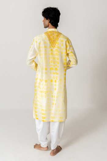 Shop_Wabi Sabi By Anshum-Ritesh_Yellow Cotton, Chanderi Dyed Garland Embroidered Kurta With Dhoti Pant _at_Aza_Fashions