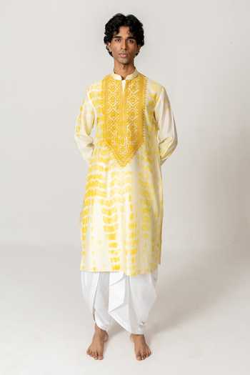 Buy_Wabi Sabi By Anshum-Ritesh_Yellow Cotton, Chanderi Dyed Garland Embroidered Kurta With Dhoti Pant _at_Aza_Fashions