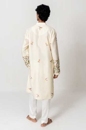 Shop_Wabi Sabi By Anshum-Ritesh_Beige Cotton, Chanderi Morning Meadow Embroidered Kurta With Pant _at_Aza_Fashions