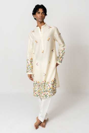 Buy_Wabi Sabi By Anshum-Ritesh_Beige Cotton, Chanderi Morning Meadow Embroidered Kurta With Pant _at_Aza_Fashions