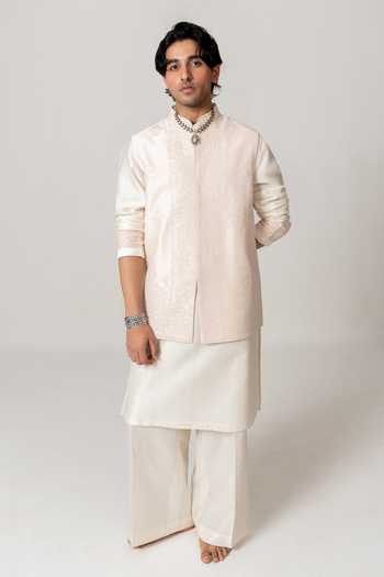 Buy_Wabi Sabi By Anshum-Ritesh_Pink Chanderi Embroidery Blush Vine Dori Bundi Kurta Set _at_Aza_Fashions