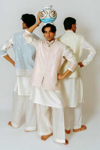 Buy_Wabi Sabi By Anshum-Ritesh_Pink Chanderi Embroidery Blush Vine Dori Bundi Kurta Set _Online_at_Aza_Fashions