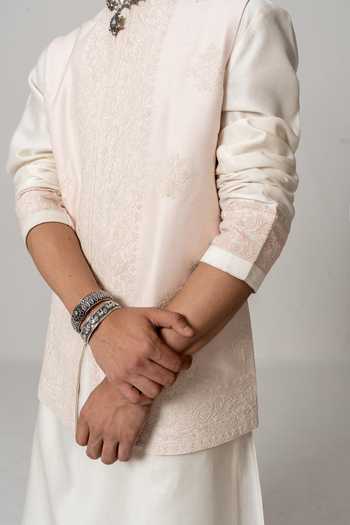 Shop_Wabi Sabi By Anshum-Ritesh_Pink Chanderi Embroidery Blush Vine Dori Bundi Kurta Set _Online_at_Aza_Fashions