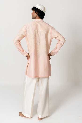 Shop_Wabi Sabi By Anshum-Ritesh_Peach Chanderi Scroll Medallion Embroidered Kurta With Pant _at_Aza_Fashions