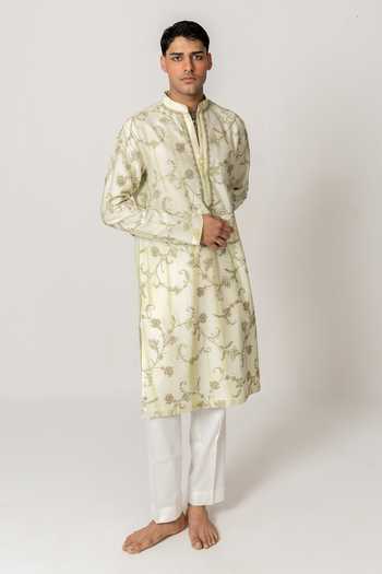 Buy_Wabi Sabi By Anshum-Ritesh_Green Cotton, Chanderi Dyed Floral Vine Embroidered Kurta Set _at_Aza_Fashions