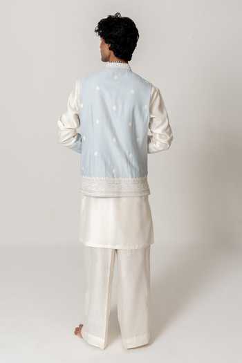 Shop_Wabi Sabi By Anshum-Ritesh_Blue Chanderi Embroidery Mist Paisley Bundi Kurta Set _at_Aza_Fashions
