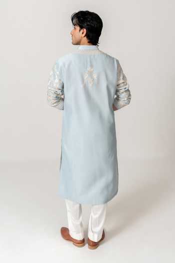 Shop_Wabi Sabi By Anshum-Ritesh_Blue Cotton, Chanderi Songbird Garden Embroidered Kurta Set _at_Aza_Fashions