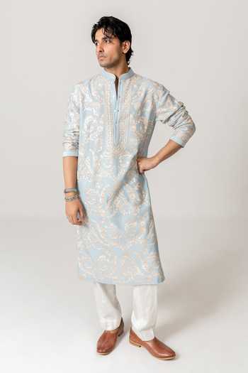 Buy_Wabi Sabi By Anshum-Ritesh_Blue Cotton, Chanderi Songbird Garden Embroidered Kurta Set _at_Aza_Fashions