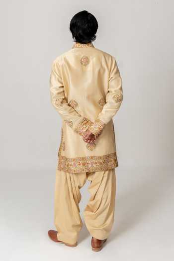 Shop_Wabi Sabi By Anshum-Ritesh_Beige Cotton, Chanderi Navrang Embroidered Kurta Set _at_Aza_Fashions