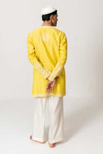Shop_Wabi Sabi By Anshum-Ritesh_Yellow Chanderi Phool Booti Embroidered Kurta And Pant Set _at_Aza_Fashions