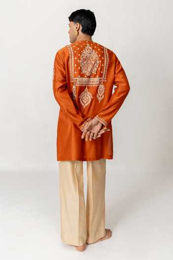 Shop_Wabi Sabi By Anshum-Ritesh_Orange Chanderi Floral Yoke Embroidered Kurta Set _at_Aza_Fashions