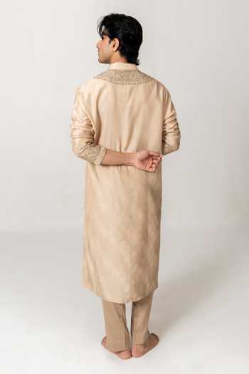 Shop_Wabi Sabi By Anshum-Ritesh_Beige Cotton, Chanderi Dyed Orchard Crest Embroidered Kurta With Pant _at_Aza_Fashions