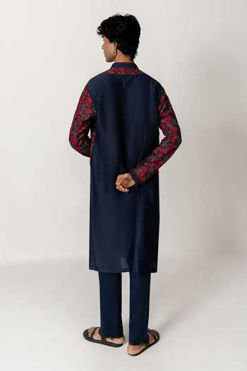 Shop_Wabi Sabi By Anshum-Ritesh_Blue Cotton, Chanderi Gulab Bagh Embroidered Kurta Set _at_Aza_Fashions