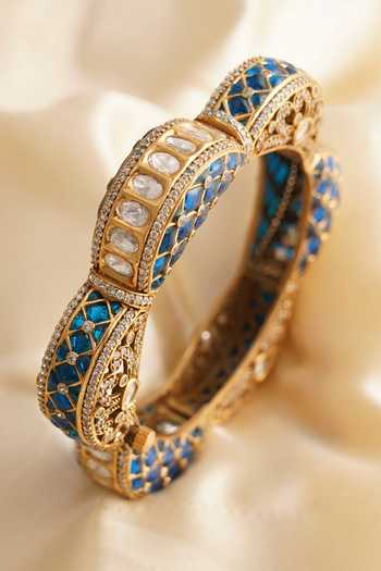 Shop_MRJEWELS_Blue Artistic Emerald Polki Kundan Bangle _at_Aza_Fashions