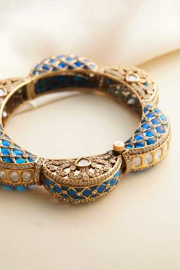 MRJEWELS_Blue Artistic Emerald Polki Kundan Bangle _Online_at_Aza_Fashions