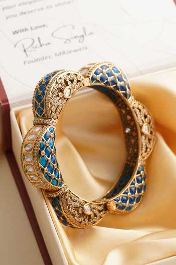Buy_MRJEWELS_Blue Artistic Emerald Polki Kundan Bangle _at_Aza_Fashions