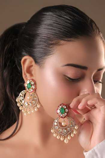 Buy_MRJEWELS_White Gulabi Meenakari Kundan Chandbalis _at_Aza_Fashions