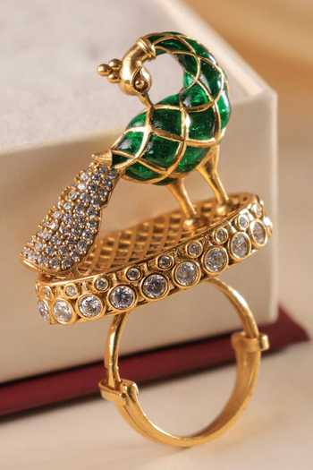 Buy_MRJEWELS_Green Mayurvika Navratna Kundan Embellished Ring _at_Aza_Fashions